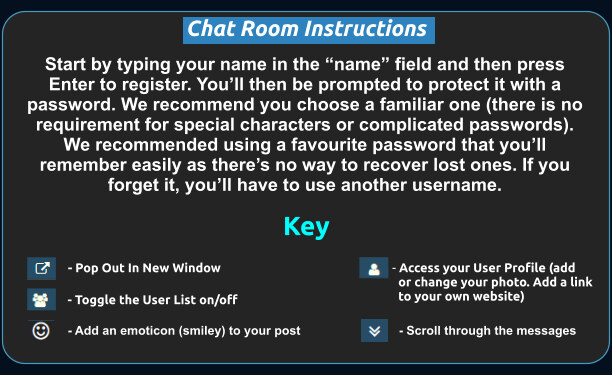 Chat room instructions: type your name and press Enter to register, then set a password. Icons: pop out in new window, toggle the user list, add an emoticon, and scroll through messages.